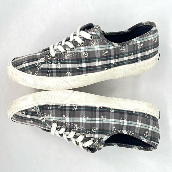 Sperry Pier View Anchor Plaid Gray Blue White Canvas Laced Slip On Sneakers 7.5 - Picture 4 of 11